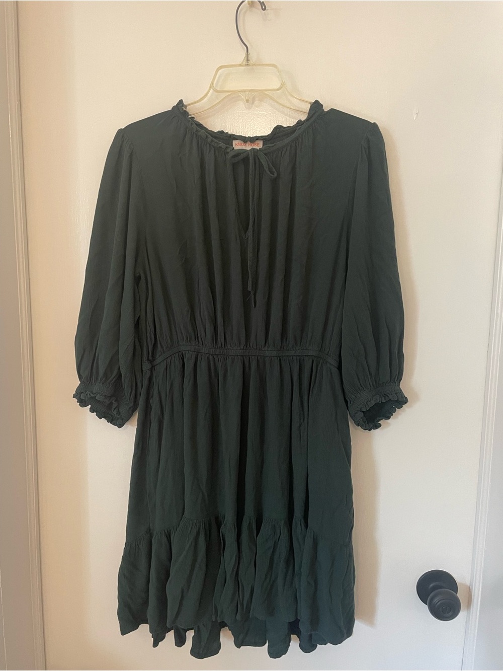 Knox Rose Dark Green Peasant Top with Tie Neck Large